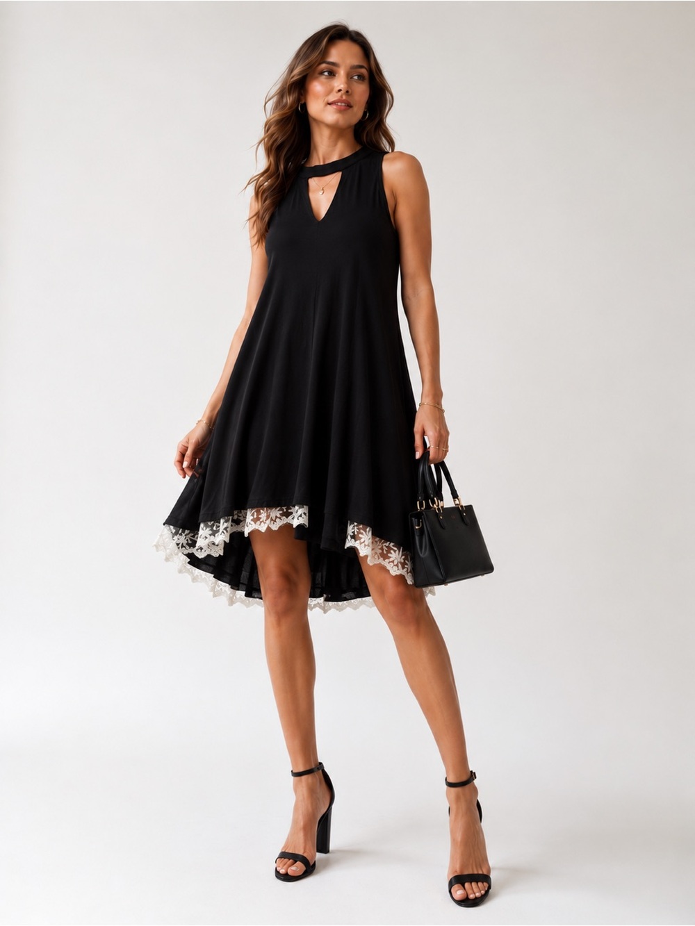 Umgee Black Lace Hem Keyhole Swing Dress Sleeveless | Medium | Fall Whimsigoth